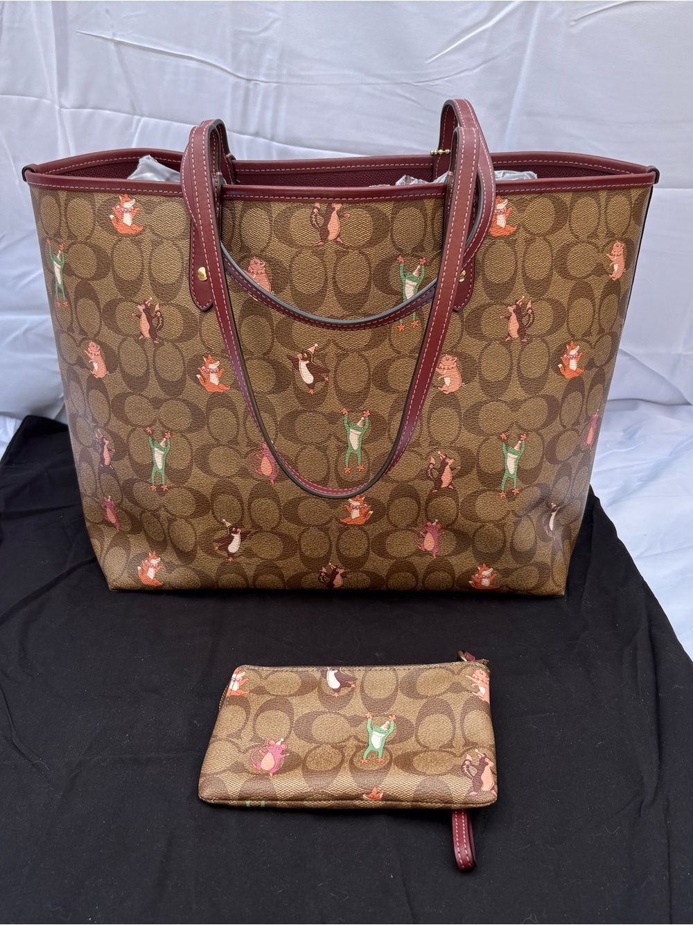 Coach Brown Animal Party Reversible Tote with Burgundy Trim & Matching Wristlet